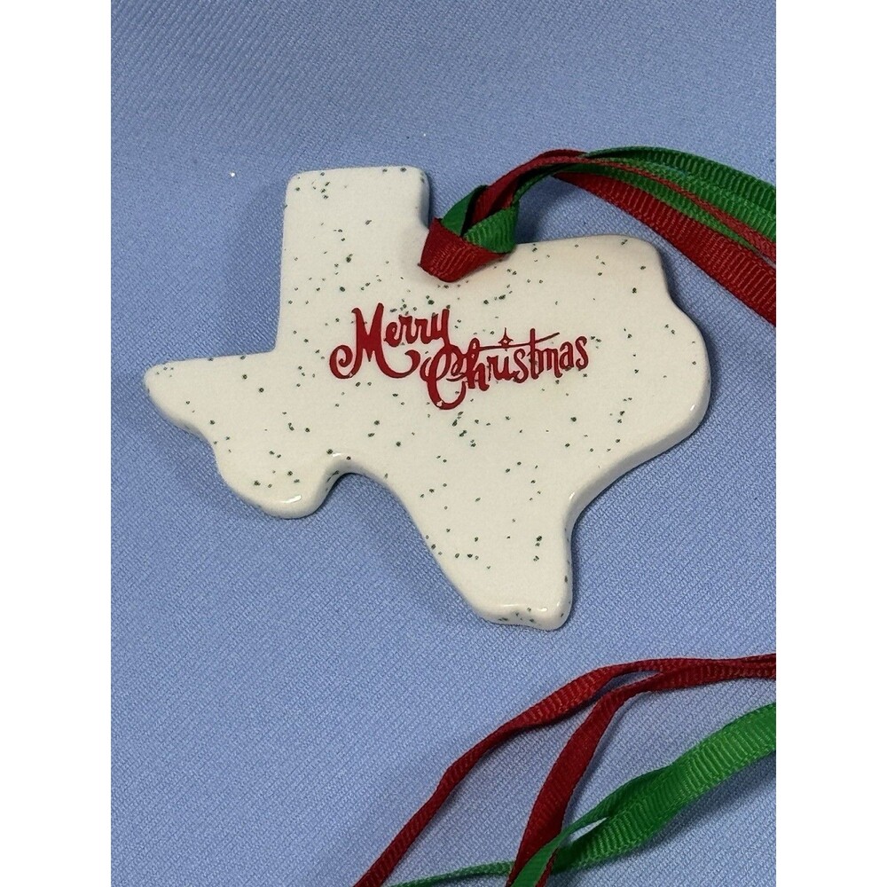 TEXAS STATE Christmas Ornament, White Ceramic, Red Green Ribbon MERRY CHRISTMAS